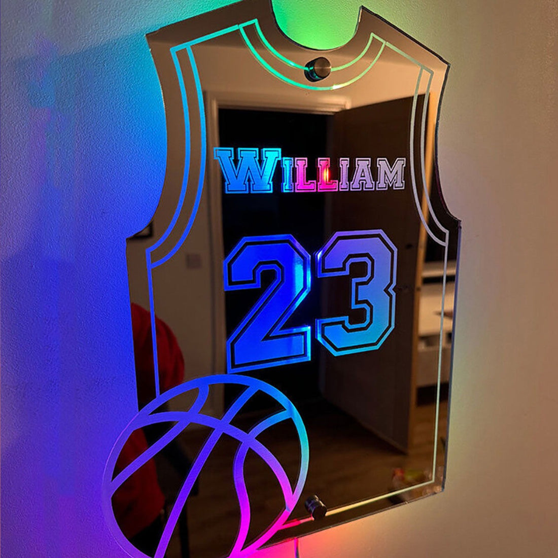 Personalized Basketball Jersey Mirror - Custom Illuminated Name Mirror Sign - Cool Bedroom Decoration or Party Decoration for Sports Lover