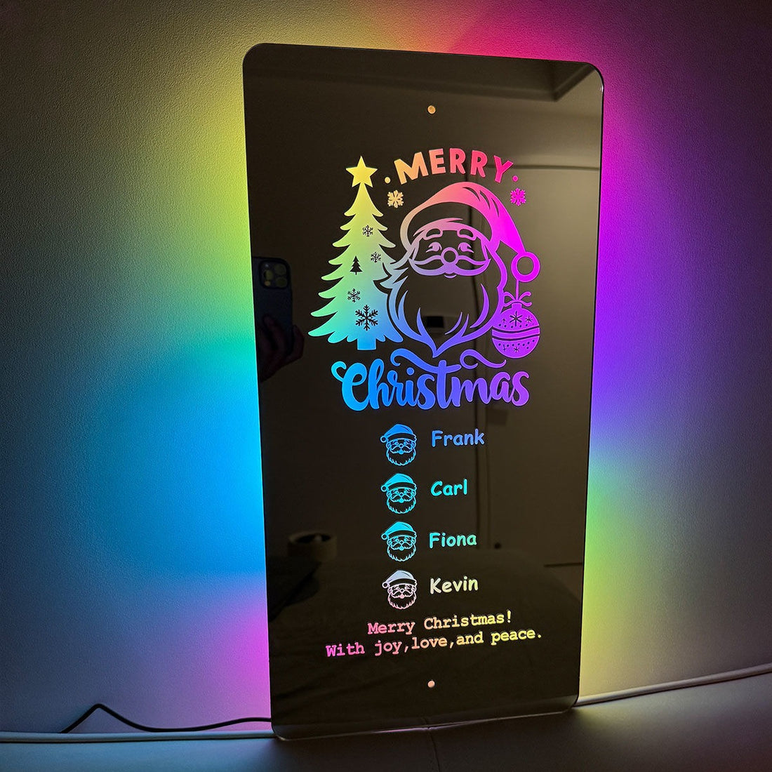 Personalized Name LED Neon Sign Mirror - Santa Claus Style- Christmas Gift for Boys and Girls