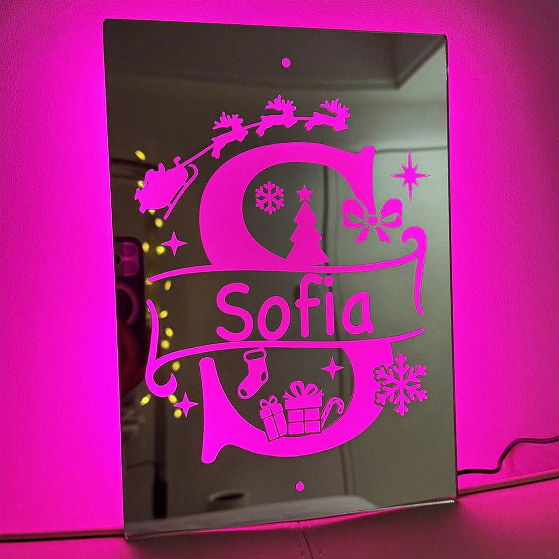 Personalized Name LED Neon Sign Mirror with Uppercase Letter - Christmas-themed Mirror Signs