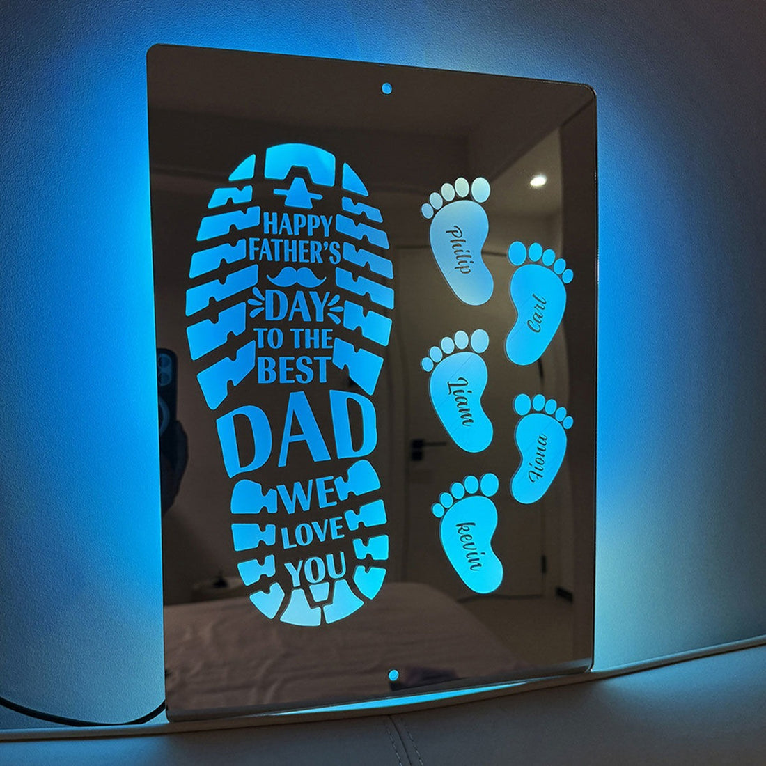 Personalized Name LED Mirror Sign with Feet - Happy Father's Day Mirror - Custom Illuminated Name Mirror Sign - Cool Bedroom Decoration for Father's Day - Best Gifts to Dad