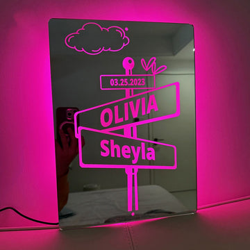 Custom Road Signs Mirror Light - Custom Mirror Sign with Couple Names and Date