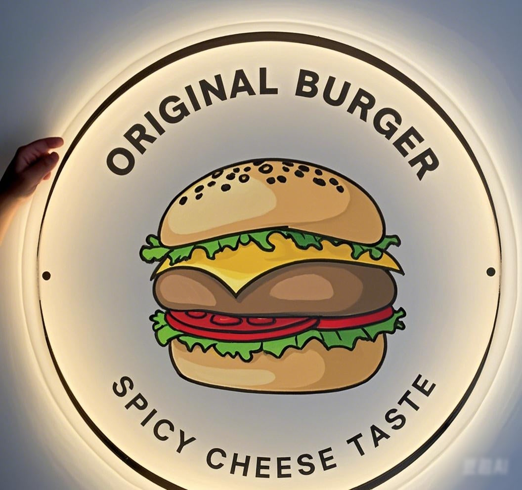 Round back lit acrylic sign with original burger pattern, UV printed, suitable for various stores